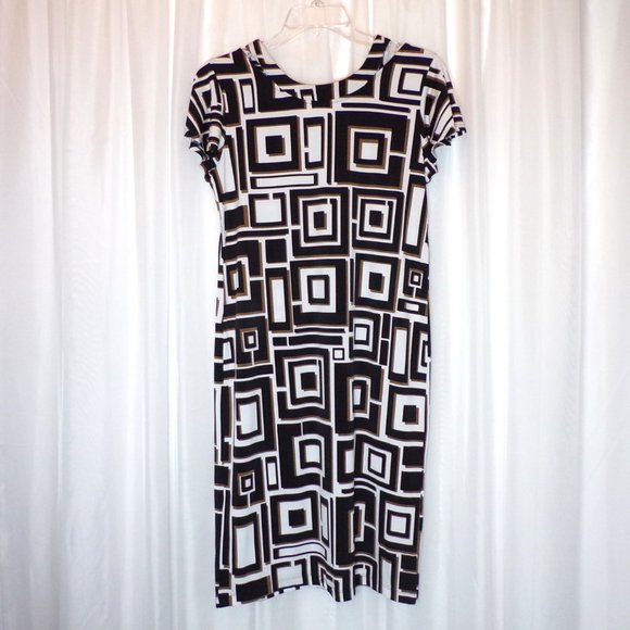 Chico's Midi Shift Dress Womens 0 US 4 Small White Brown Black Cold Shoulder Mod - Picture 8 of 12